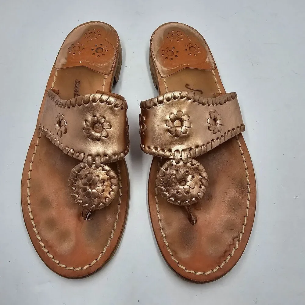 Jack Rogers Jacks Metallic Rose Gold Leather Round Medallion Sandals Womens 7